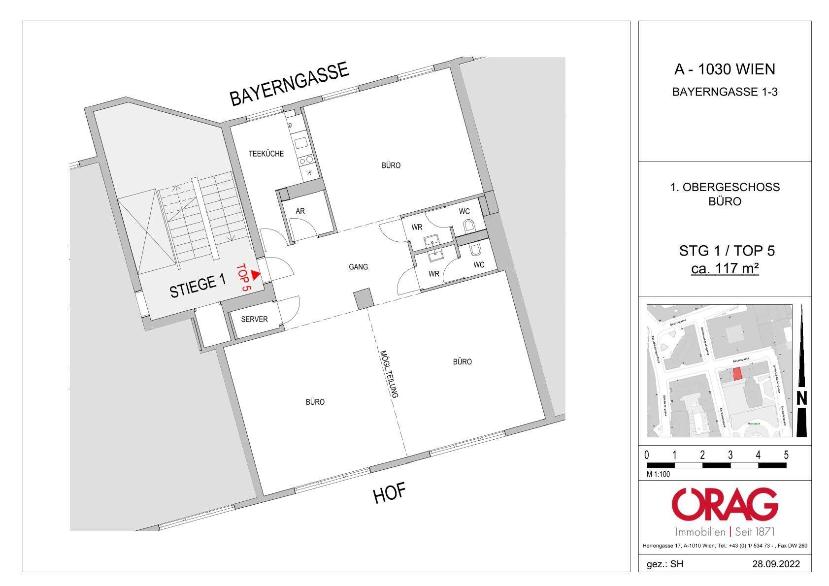Grundriss des 1. Obergeschosses mit ca. 117 m² Bürofläche, Teeküche und zwei Toiletten. Die Fläche ist flexibel teilbar und verfügt über einen Serverraum.