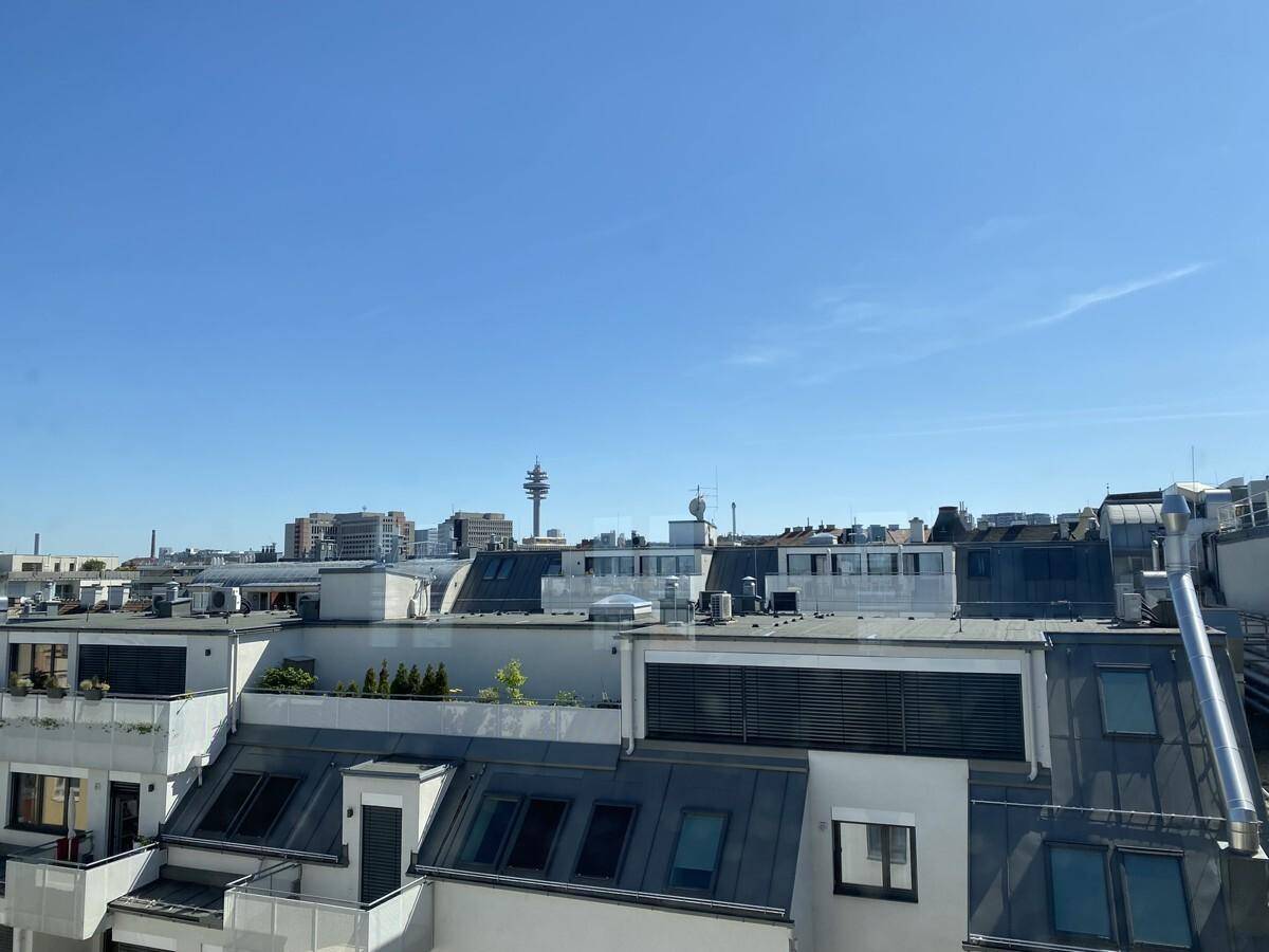 Panoramablick über Dächer mit modernen Strukturen, Solarpaneelen und einem Fernsehturm am Horizont.
