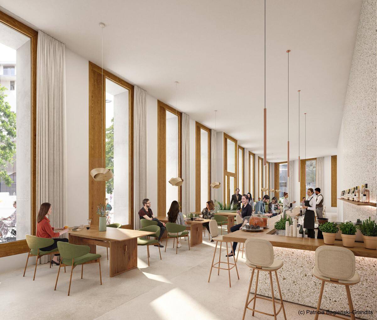 Modernes Restaurant oder Gemeinschaftsbereich mit hohen Fenstern, Holztischen und einer Bar.