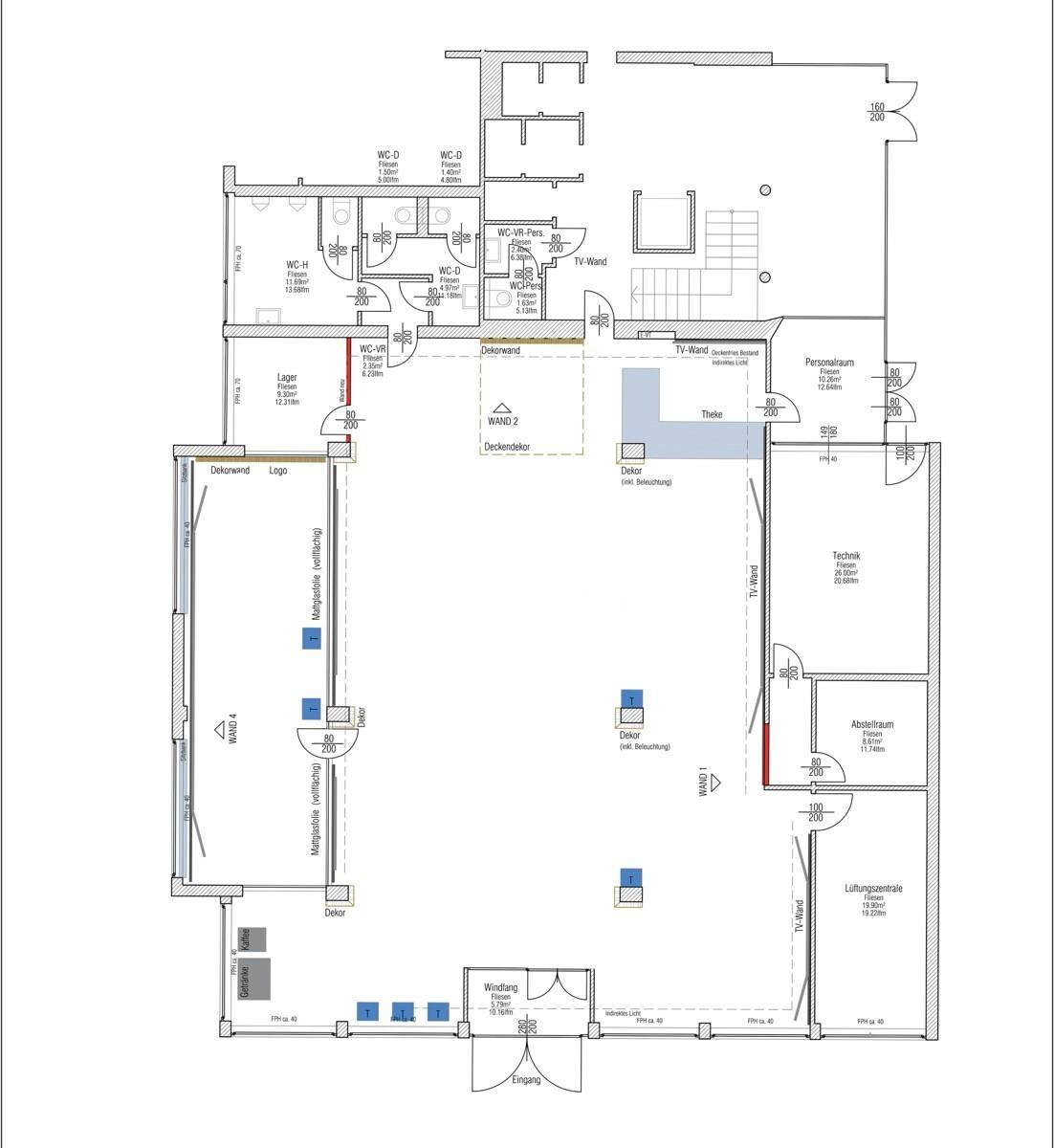 Detaillierter Grundriss eines Geschäftsraums mit verschiedenen Bereichen und Toiletten.