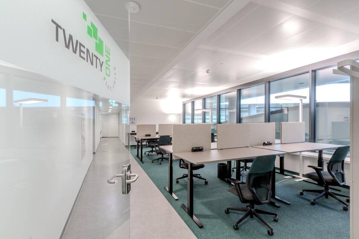 Offener Bürobereich mit modernen Arbeitsplätzen, großen Fenstern und viel natürlichem Licht.
