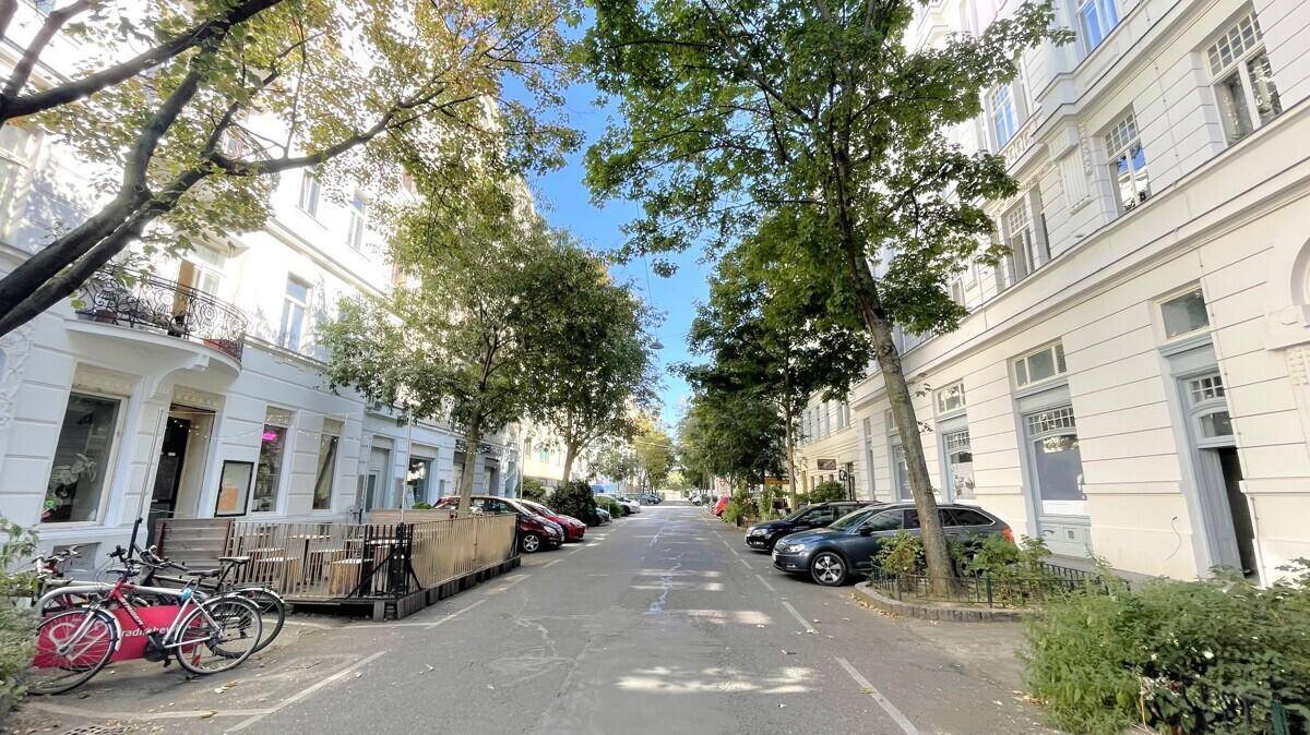 Baumgesäumte Straße mit historischen Gebäuden, parkenden Autos und Fahrrädern an einem sonnigen Tag.
