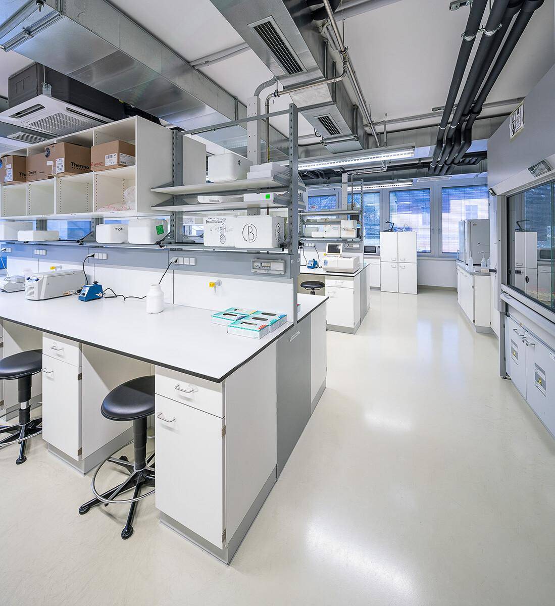 Helles und funktionales Labor mit zahlreichen Arbeitsflächen, Geräten und sichtbaren Installationen, ideal für wissenschaftliche Arbeiten.