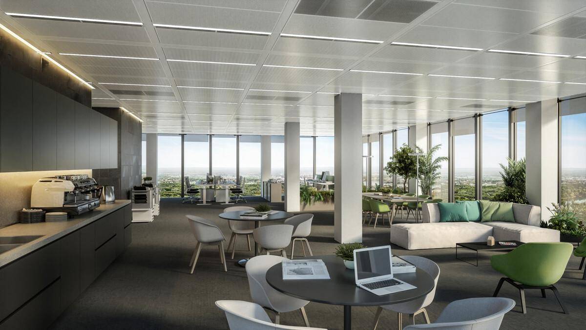Moderner Büroloungebereich mit bequemen Sitzgelegenheiten, Kaffeebar und Panoramablick.