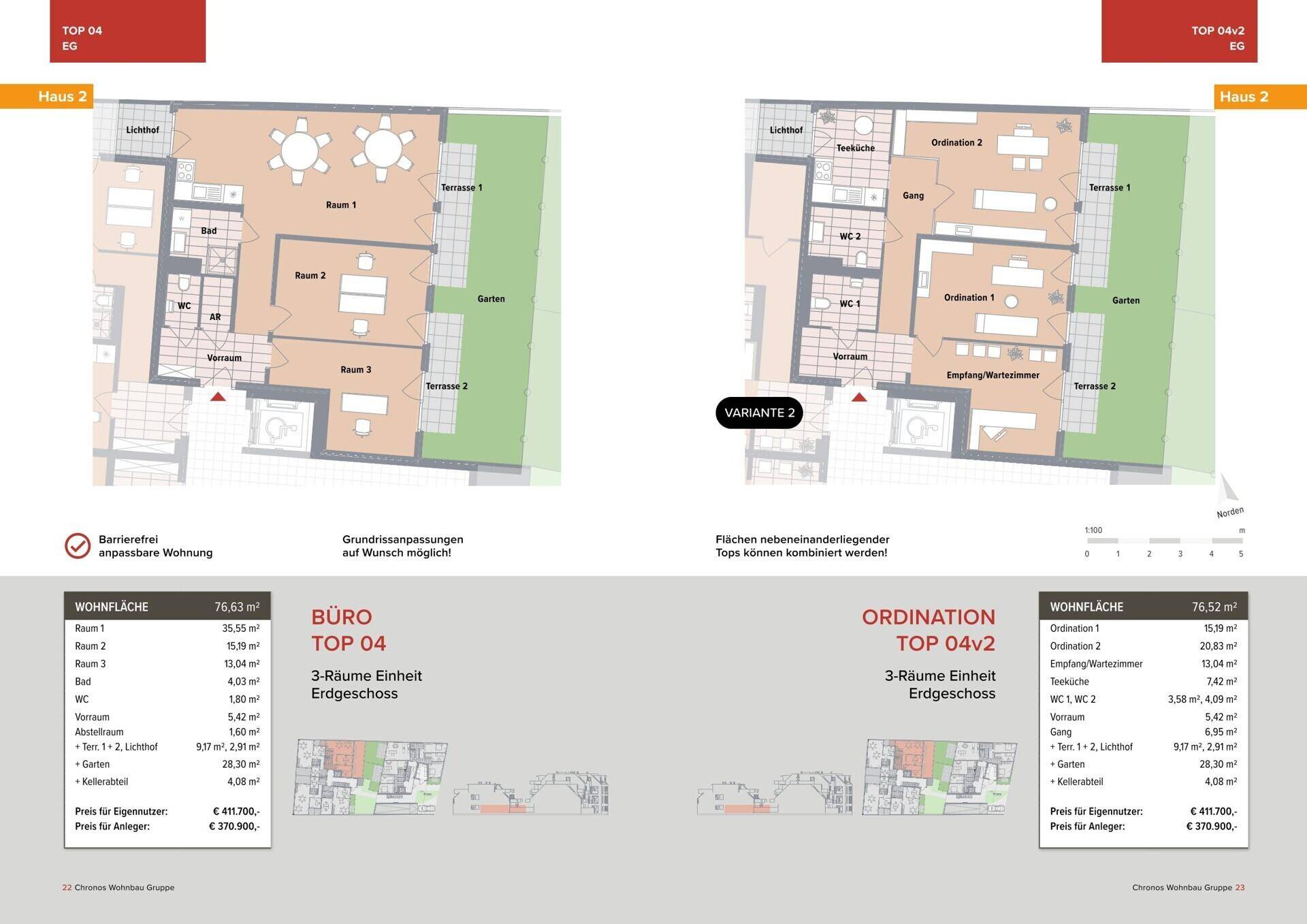 Zwei Grundrissvarianten für eine 3-Zimmer-Erdgeschosswohnung, inklusive Terrassen und Gartenbereichen.