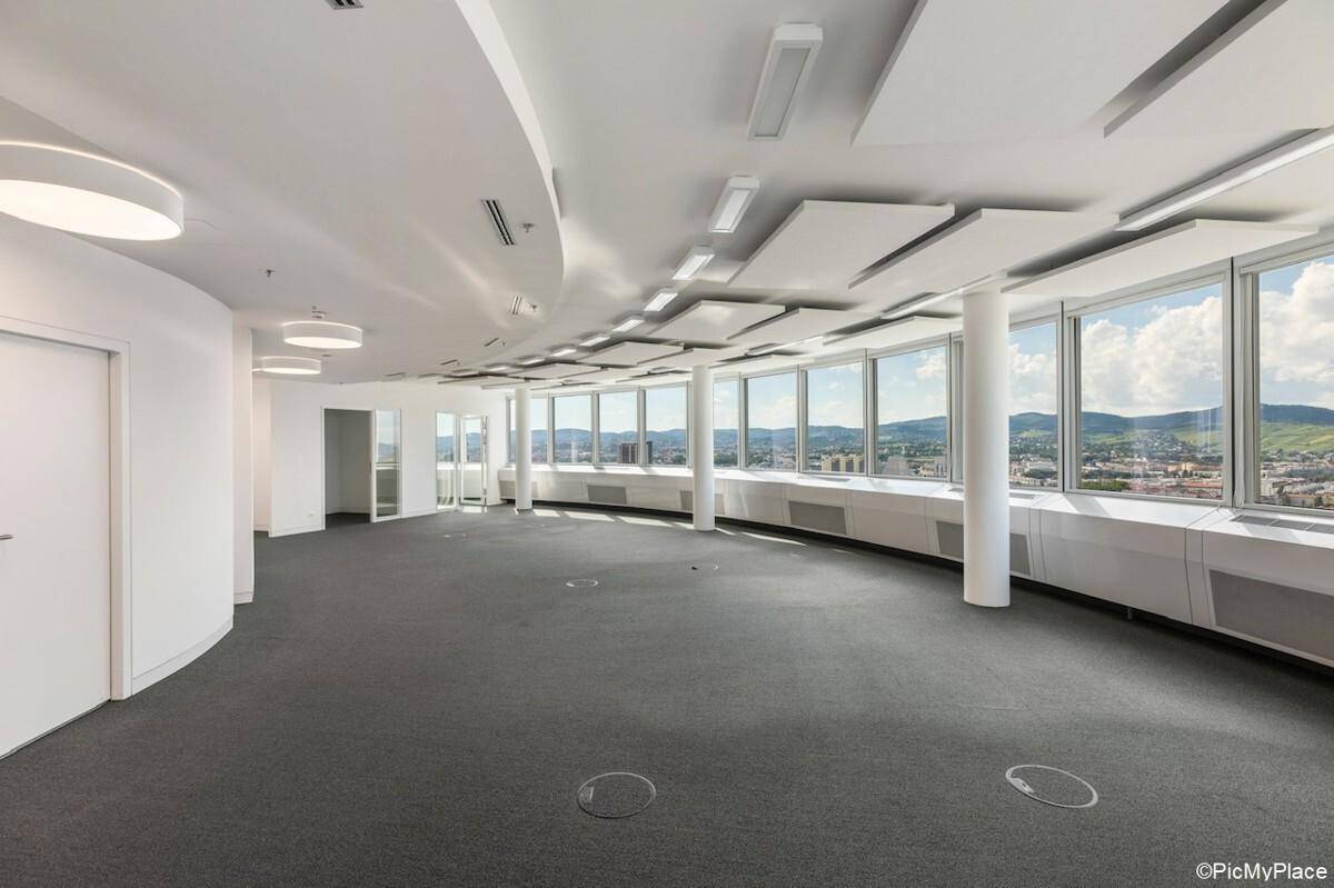Großer, leerer Büroraum mit Teppichboden, runden Säulen und einer Fensterfront, die einen weiten Ausblick bietet.