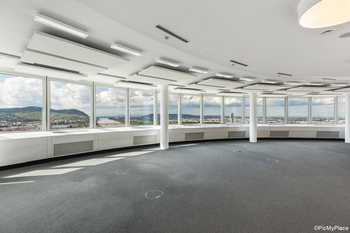 Geräumiger Büroraum mit durchgehender Fensterfront, Teppichboden und Blick auf die Landschaft.