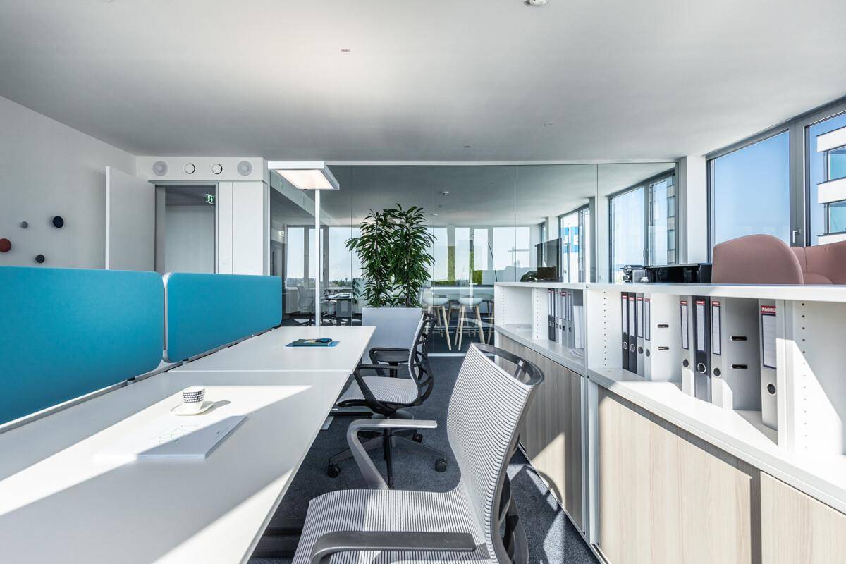 Modernes Großraumbüro mit ergonomischen Arbeitsplätzen, viel Tageslicht und Blick ins Grüne.
