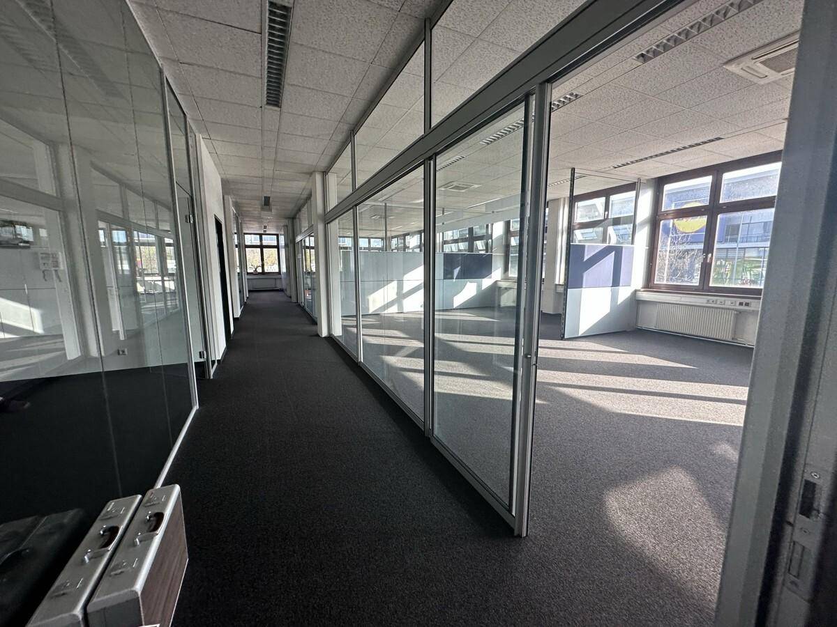 Langer Flur mit Glaswänden, Teppichboden und Blick in die angrenzenden Büroräume, schafft eine offene Atmosphäre.