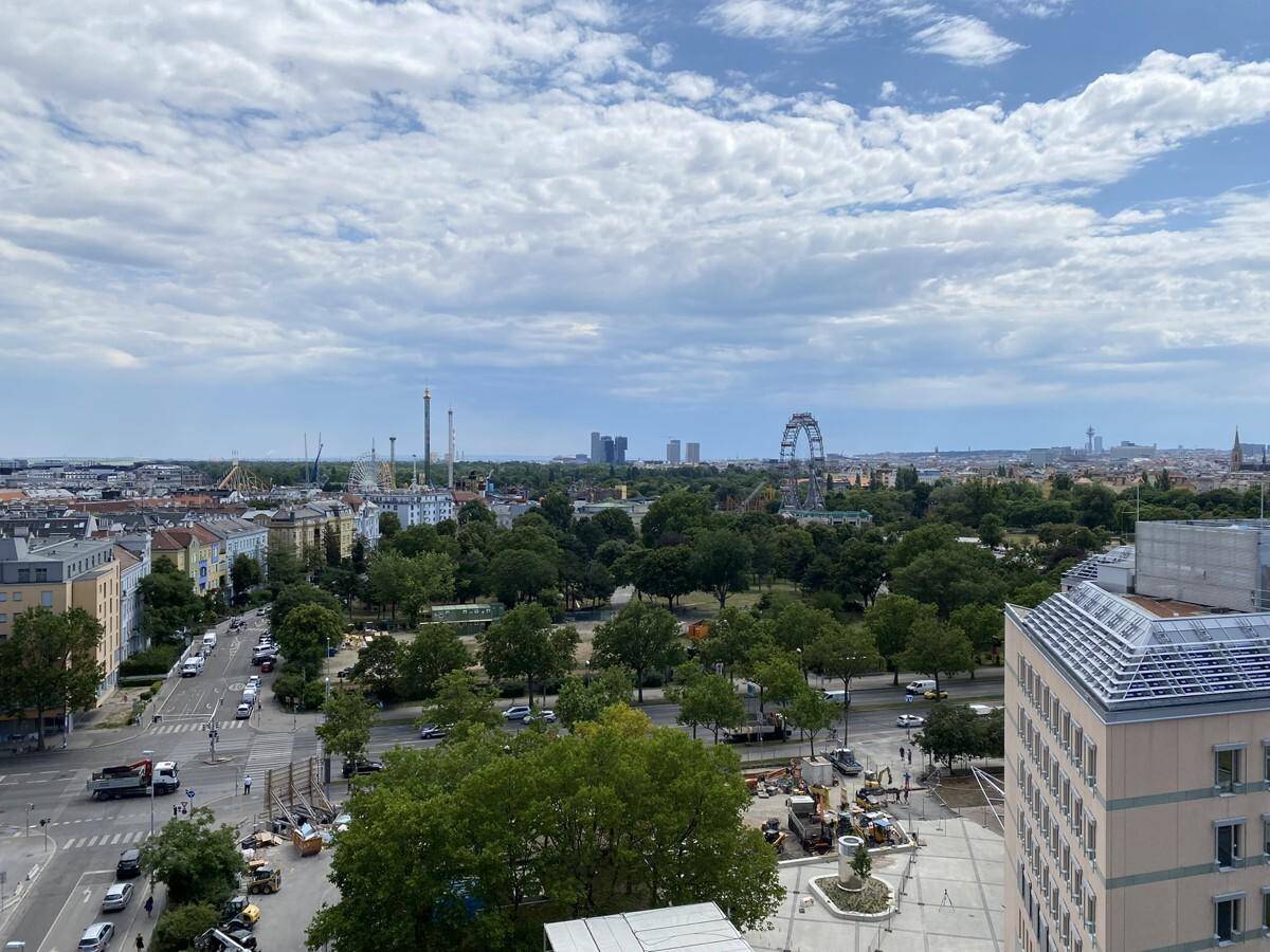 Weitläufiger Blick über die Stadt mit Grünflächen, Straßen und Gebäuden unter bewölktem Himmel.
