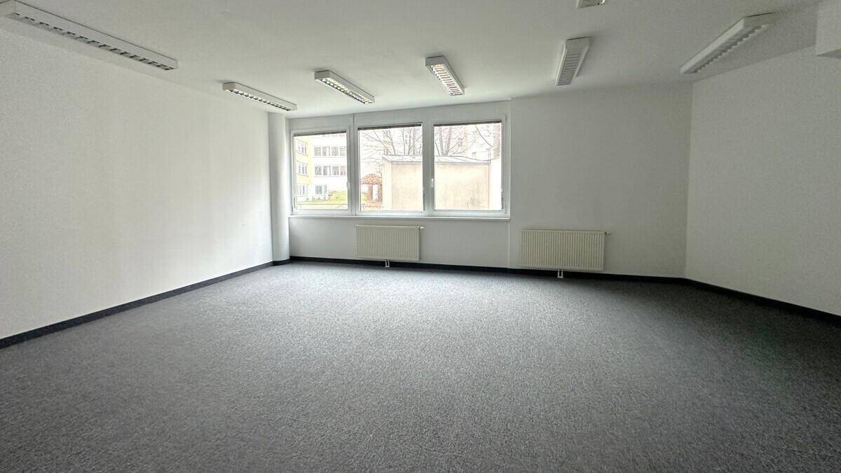 Leerer Büroraum mit grauem Teppichboden, weißen Wänden und großen Fenstern, die Tageslicht hereinlassen.
