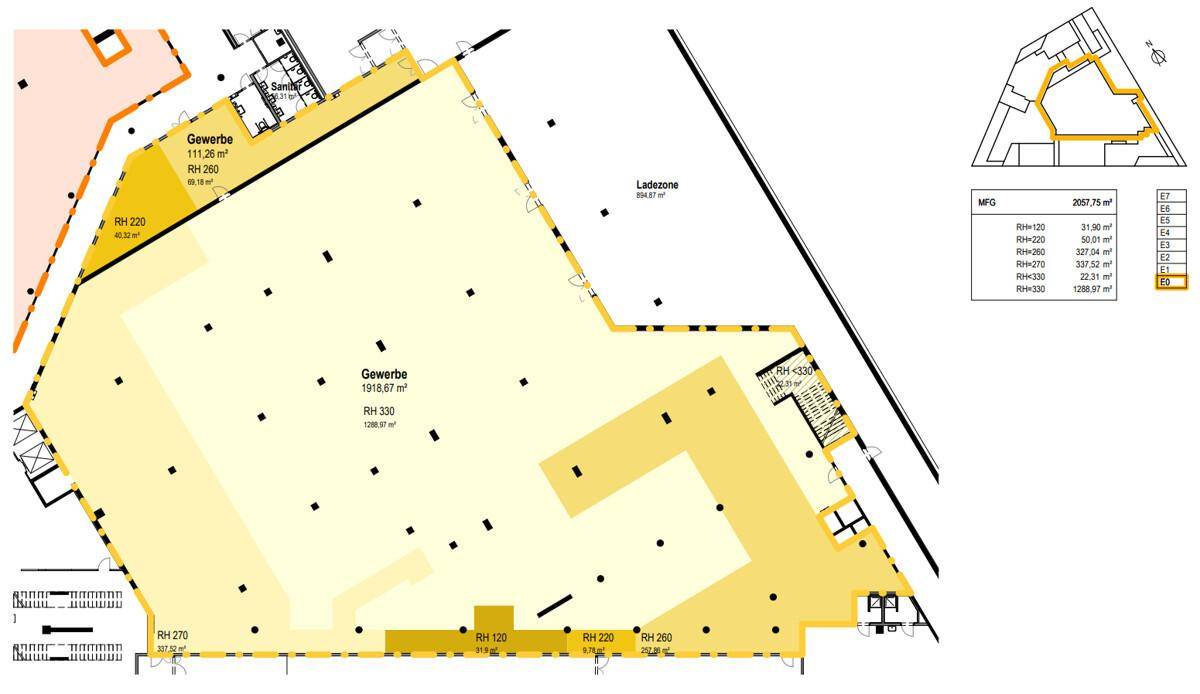 Detaillierter Grundrissplan mit markierten Gewerbeflächen und zugehörigen Maßen.