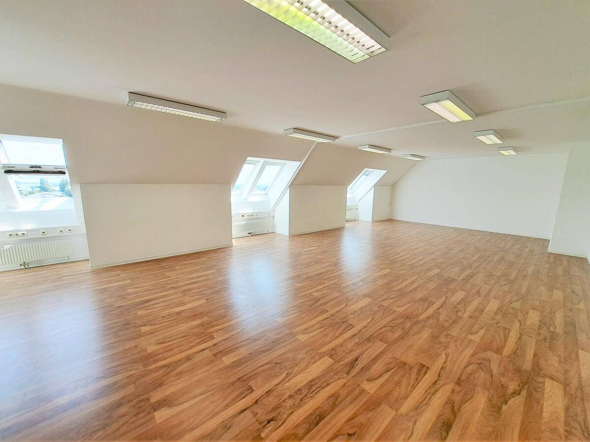 Weiterer Blick in den großen Raum mit Laminatboden, Dachschrägen und mehreren hellen Dachfenstern.