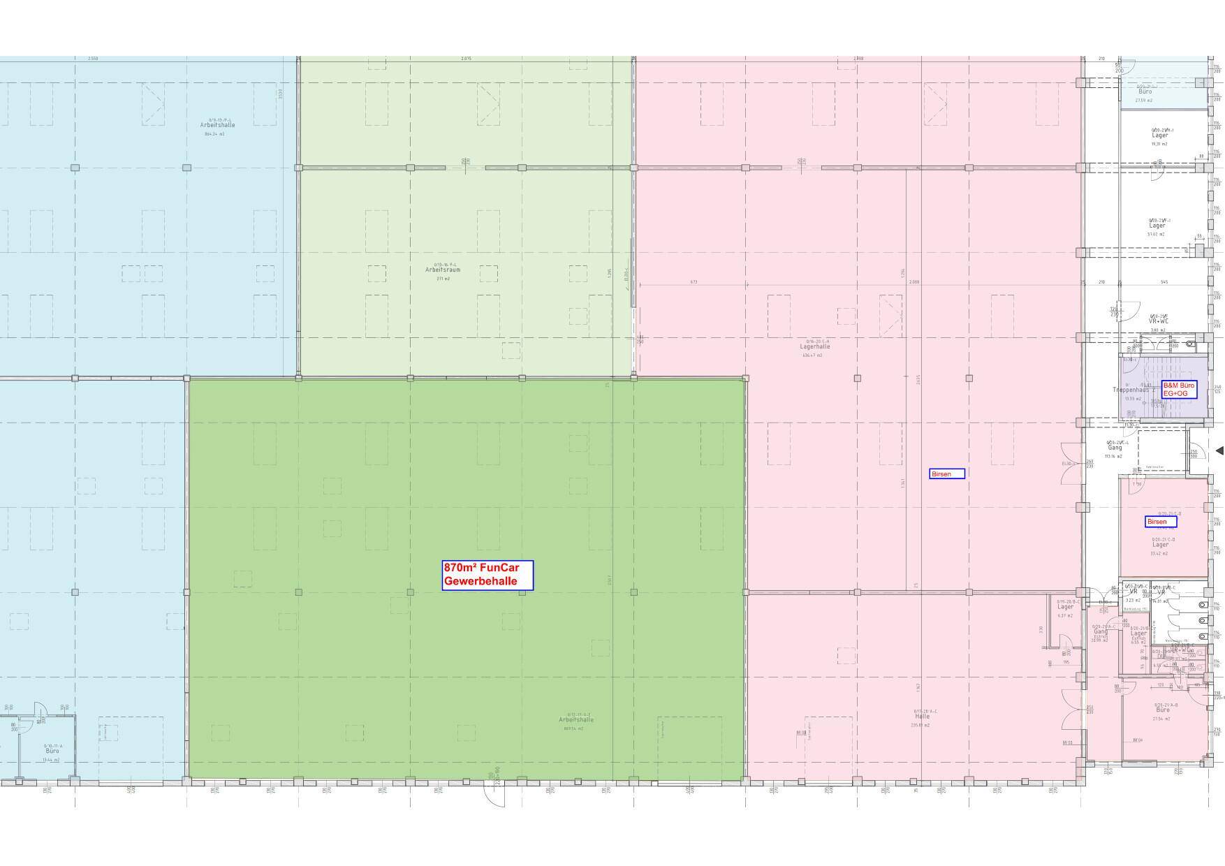 Ausschnitt eines Grundrisses mit farbigen Zonen und einer markierten Gewerbehalle von 670m² Fläche.