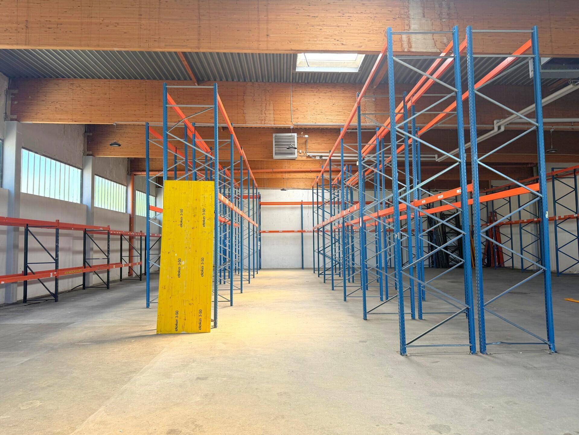 Blick in eine helle Lagerhalle mit hohen Holzdecken, Betonboden und leeren blauen Schwerlastregalen.