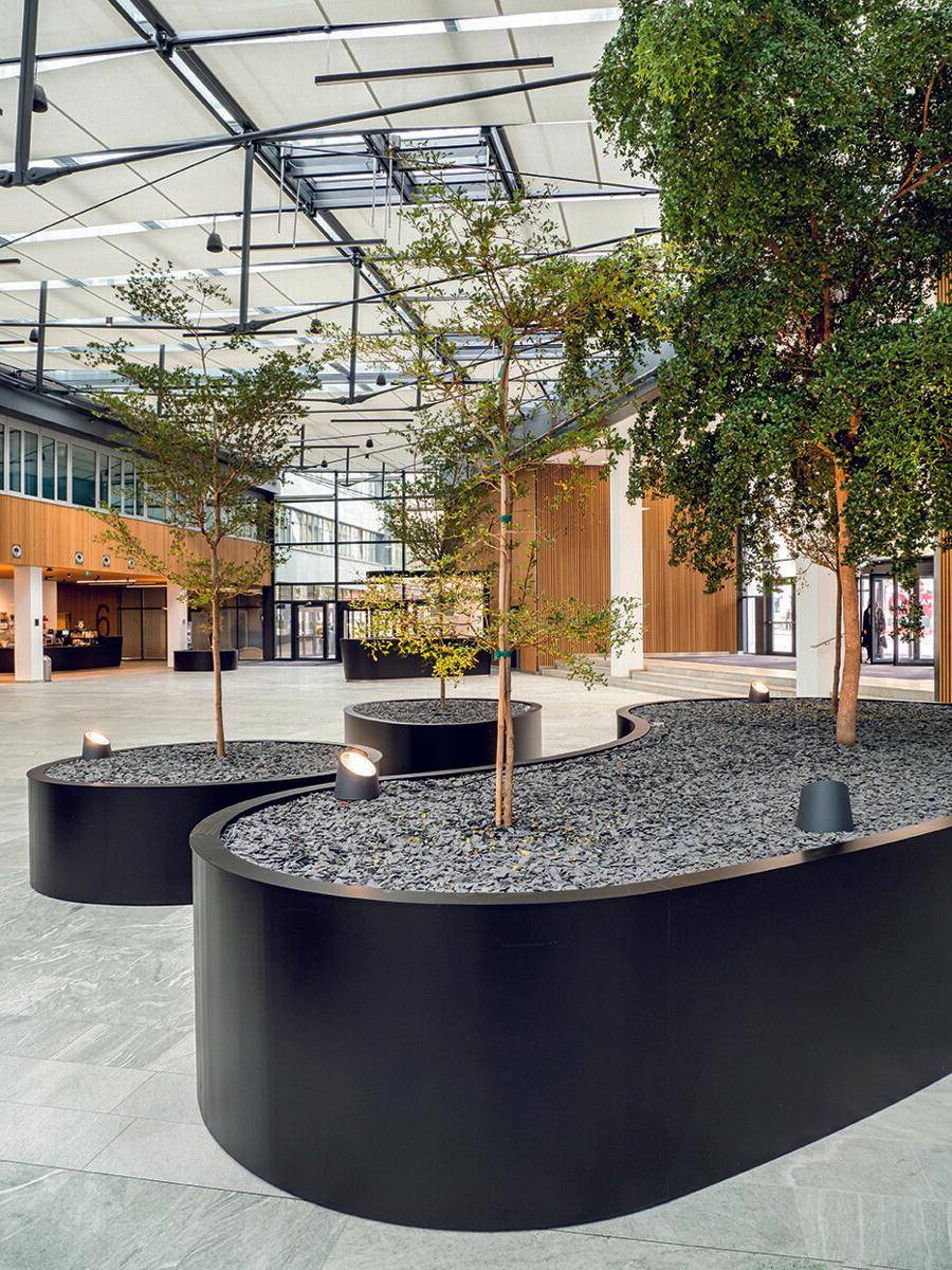 Detailansicht des Atriums mit modernen Pflanzenkübeln, kleinen Bäumen und indirekter Beleuchtung auf dem Fliesenboden.