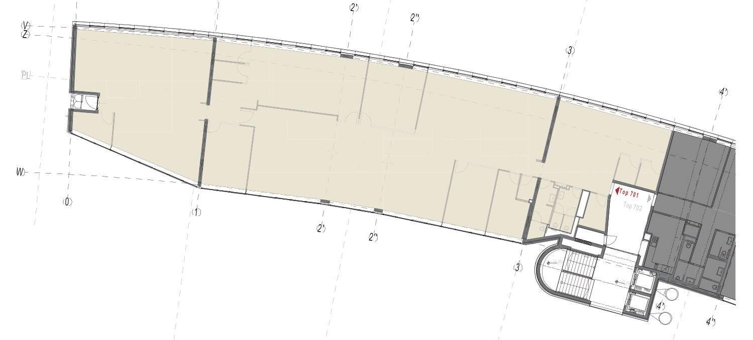 Grundriss eines langen, schmalen Gebäudeteils mit mehreren Räumen und einem Treppenhausbereich.