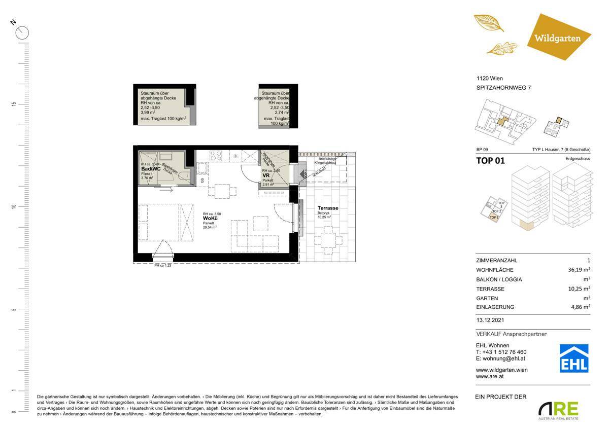 Grundriss einer Wohnung mit einem Schlafzimmer, offenem Wohnbereich und einer Terrasse.