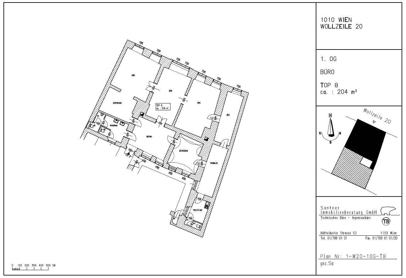 Grundriss eines Büros im ersten Obergeschoss mit mehreren Räumen und einer Gesamtfläche von etwa 204 m².