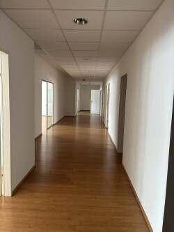 Ein weiterer Blick in den langen, hellen Flur mit Holzboden und Türen zu den Büros.