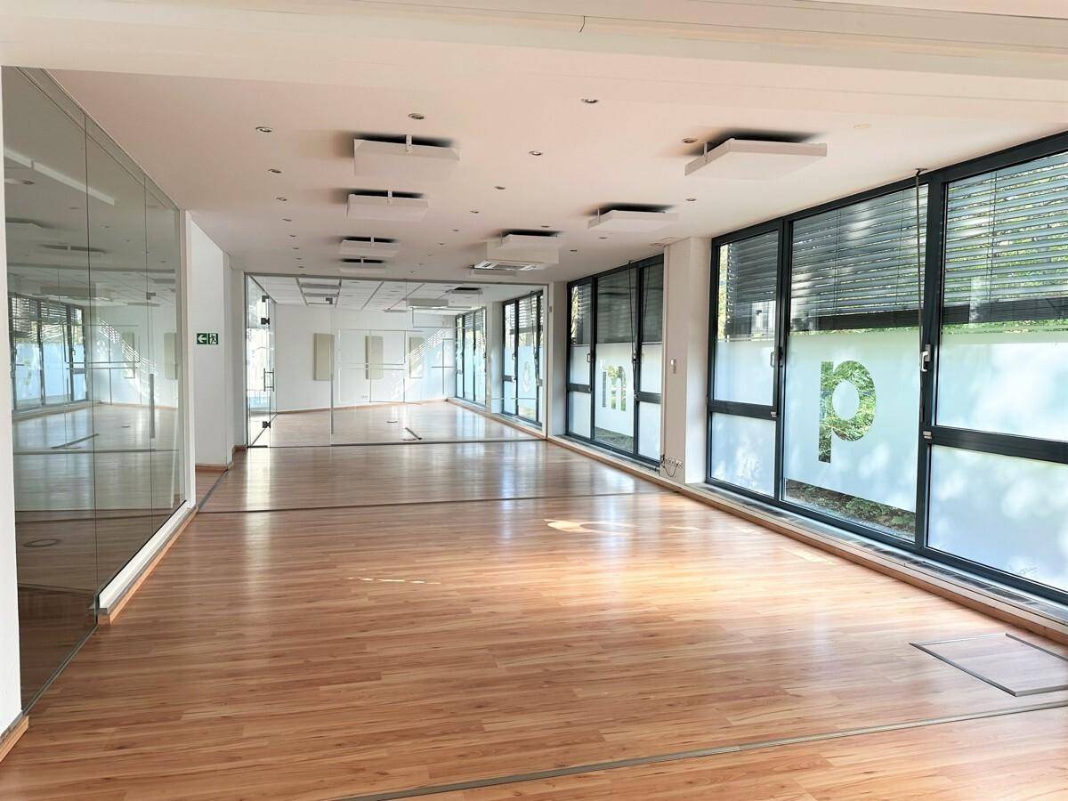 Heller Studio-Raum mit Holzboden, einer Wand aus Spiegeln und großen Fenstern mit Jalousien.