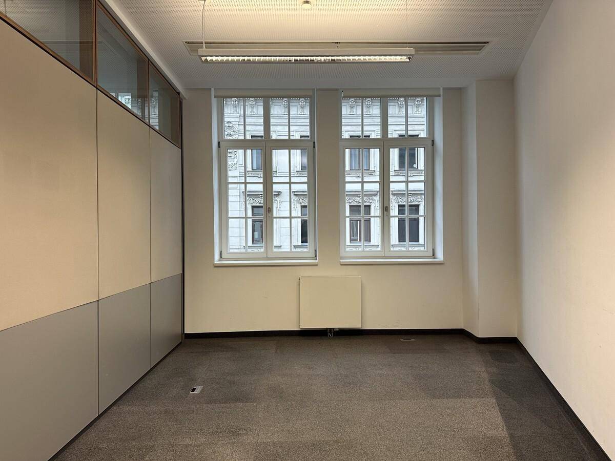 Heller Büroraum mit zwei großen Fenstern, Teppichboden und weiß gestrichenen Wänden, bietet viel Tageslicht.