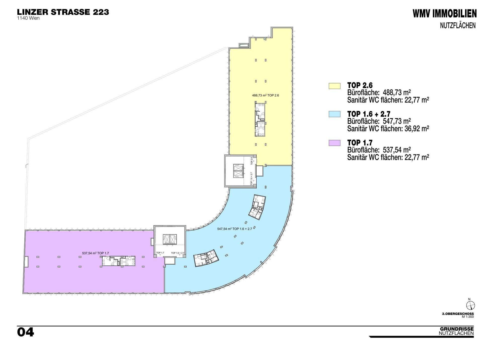 Grundrissplan eines Bürogebäudes mit mehreren Mieteinheiten und Sanitärbereichen auf einer Etage.