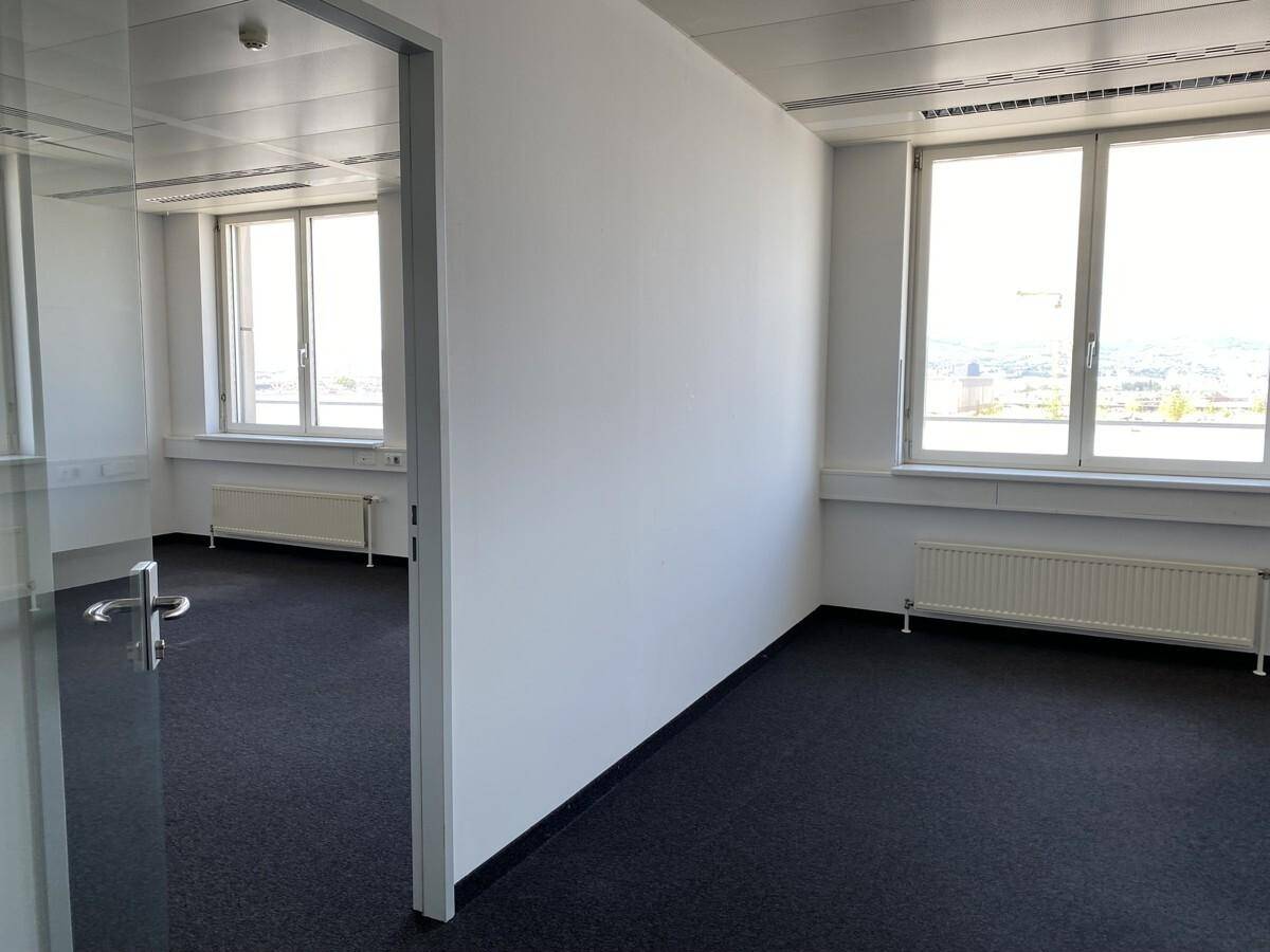Flexibler Büroraum mit Teppichboden und großen Fenstern, ideal für verschiedene Arbeitsbereiche.
