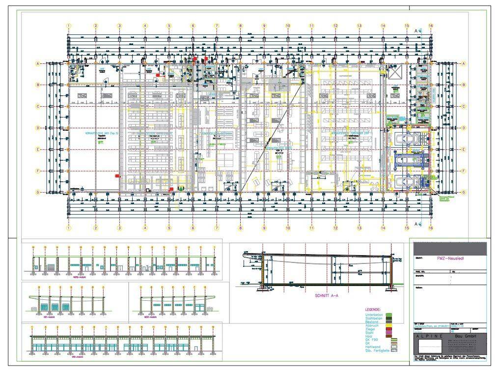 Detaillierter Bauplan eines Gebäudes mit Grundriss, Schnitten und verschiedenen Ansichten.