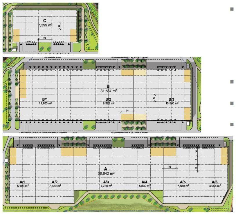 Detaillierter Grundriss der Industriehallen A, B und C, aufgeteilt in einzelne Mieteinheiten mit Flächenangaben.