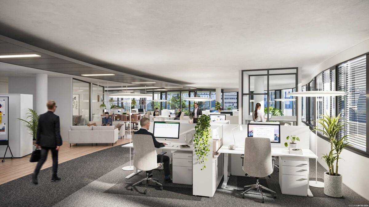 Modernes Großraumbüro mit ergonomischen Arbeitsplätzen, Glasabtrennungen und viel Tageslicht.