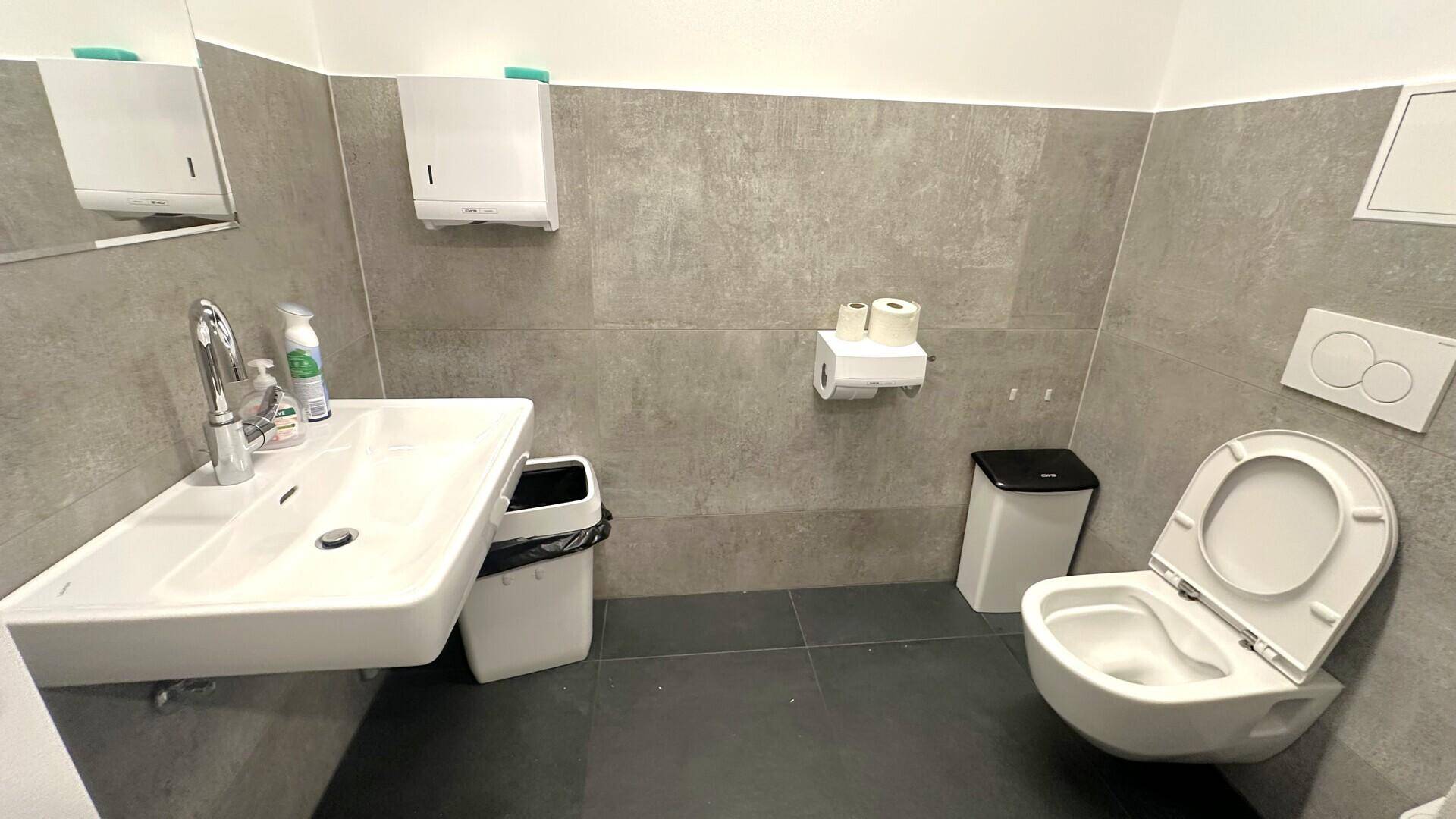 Modernes WC mit wandhängender Toilette, Waschbecken und grauen Fliesen an den Wänden.