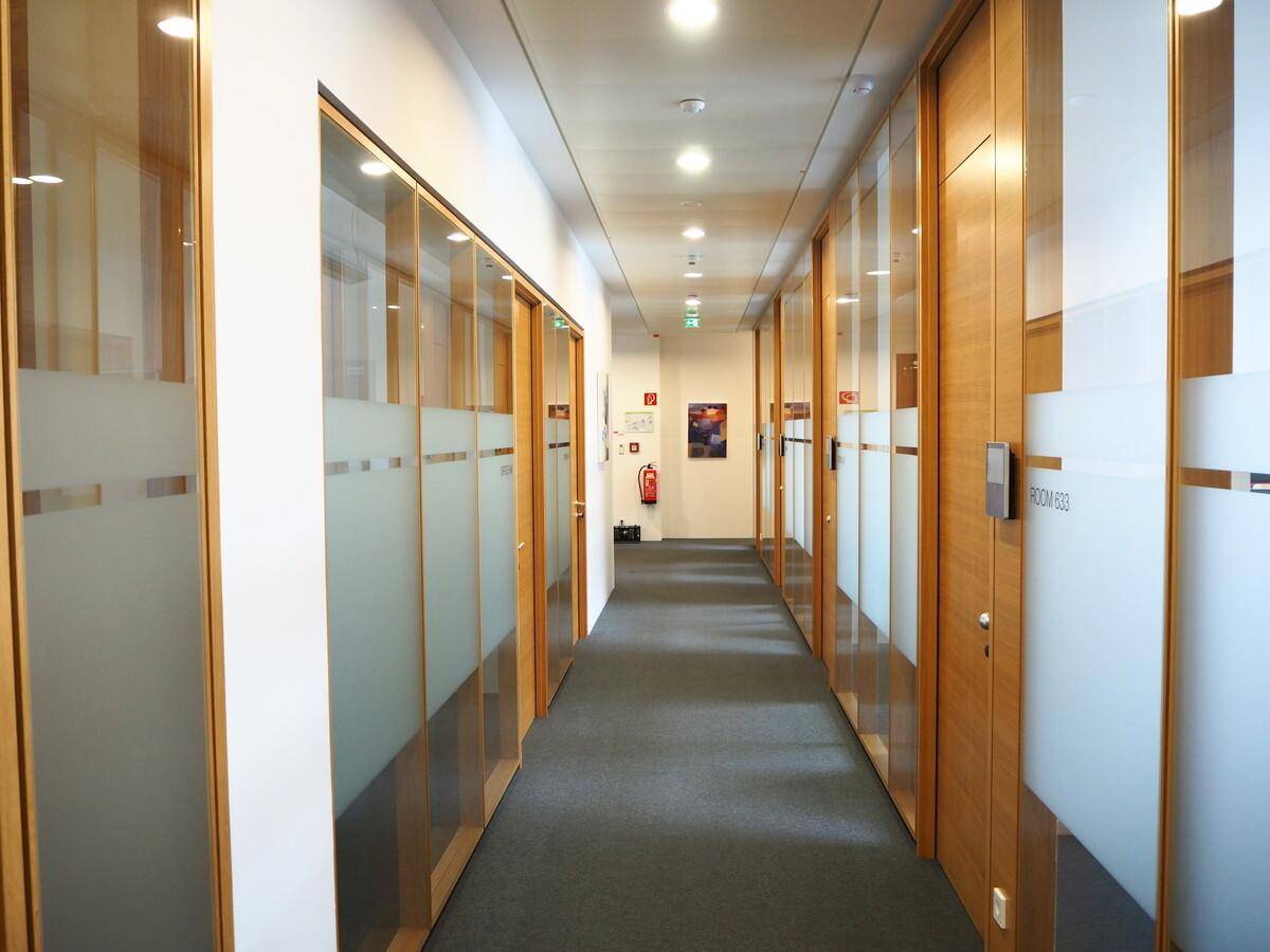 Langer, heller Flur mit vielen Bürotüren aus Holz und Glas, die Privatsphäre und natürliches Licht kombinieren.