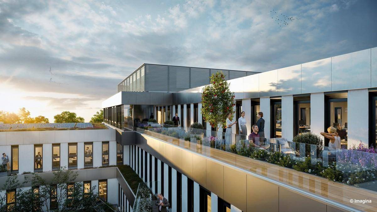 Dachterrasse mit Glasgeländer und Bepflanzung, bietet einen weiten Blick über die Umgebung.