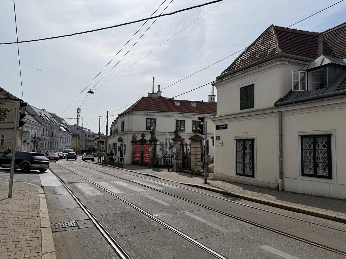 Straßenansicht mit historischen Gebäuden, Straßenbahnschienen und parkenden Autos unter bewölktem Himmel.