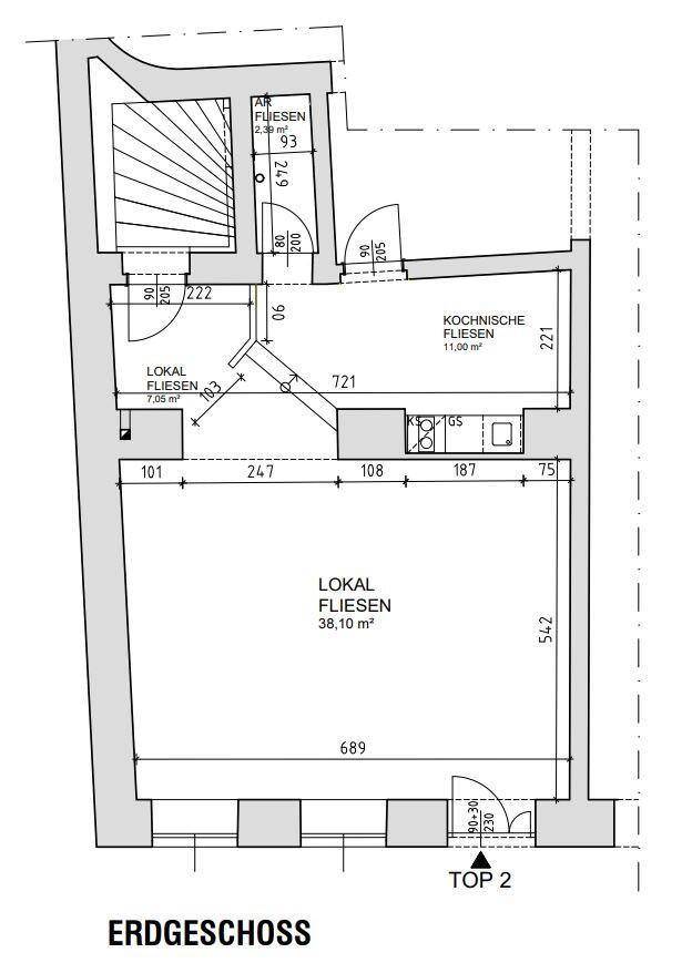 Grundriss des Erdgeschosses mit Ladenfläche, Kochnische und Treppenhaus.