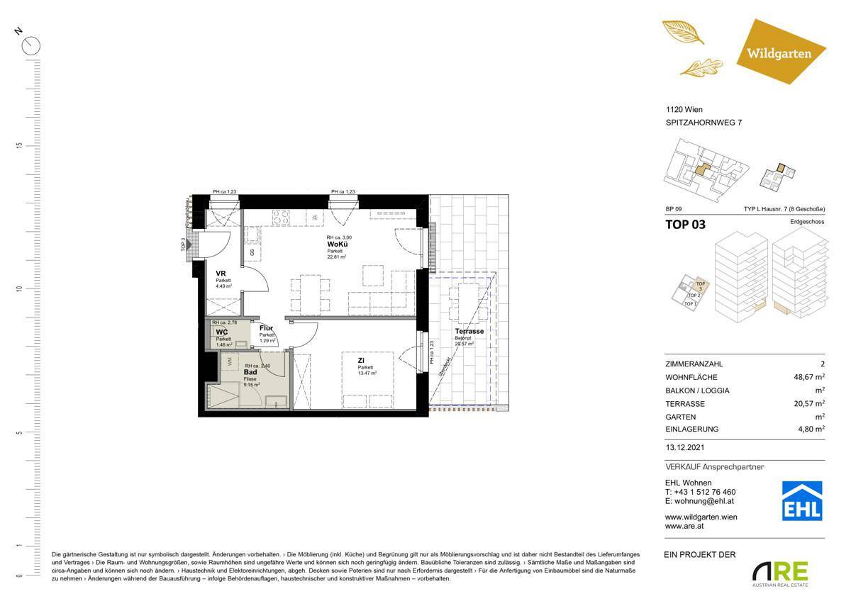 Grundriss einer Wohnung mit zwei Schlafzimmern, offenem Wohnbereich und einer großzügigen Terrasse.