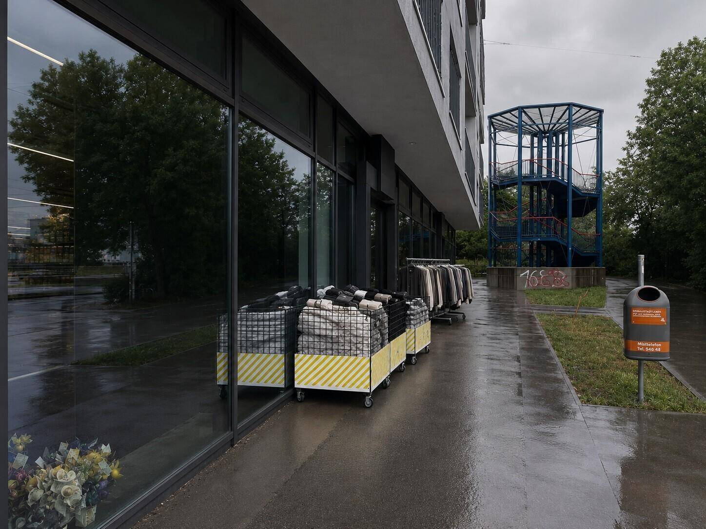 Moderne Geschäftsfassade mit großen Fenstern und einem Spielplatz im Hintergrund an einem bewölkten Tag.