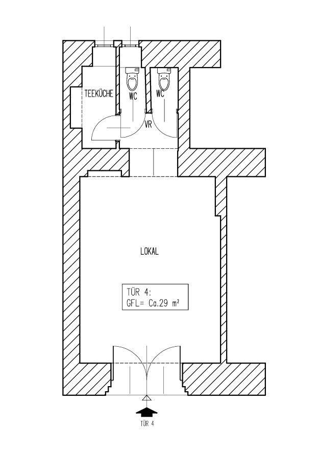 Grundrissplan eines Ladenlokals mit Teeküche und zwei separaten Toilettenbereichen.