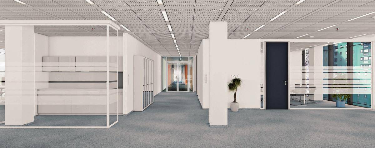 Geräumiges, leeres Büro mit Teppichboden, Glaswänden und modularen Schränken.