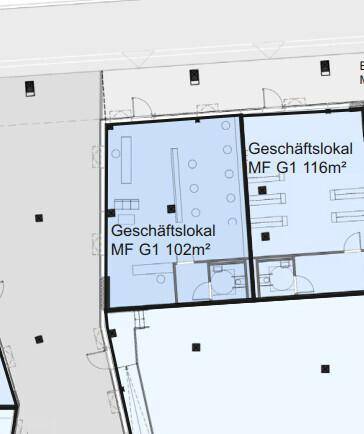 Detaillierter Grundriss von zwei Geschäftsflächen mit 102m² und 116m² im Erdgeschoss.