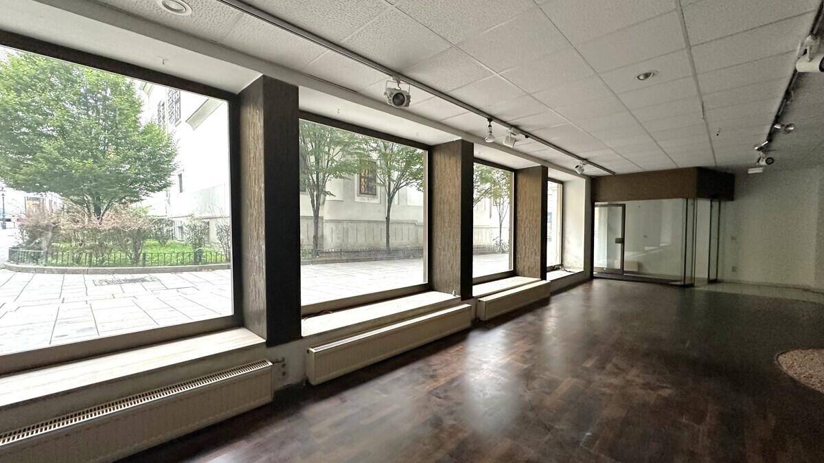 Geräumiger Verkaufsraum mit großen Schaufenstern, die viel Tageslicht hereinlassen und einen grünen Innenhofblick bieten.