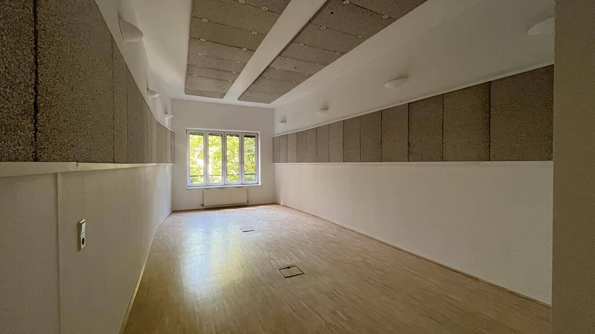 Geräumiger Konferenzraum mit Holzfußboden, schallabsorbierenden Decken- und Wandpaneelen und Blick ins Grüne.