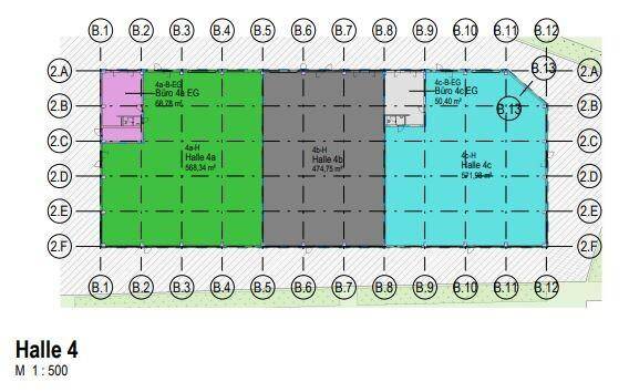 Grundriss der Halle 4 mit farblich gekennzeichneten Mietflächen und Bürobereichen.