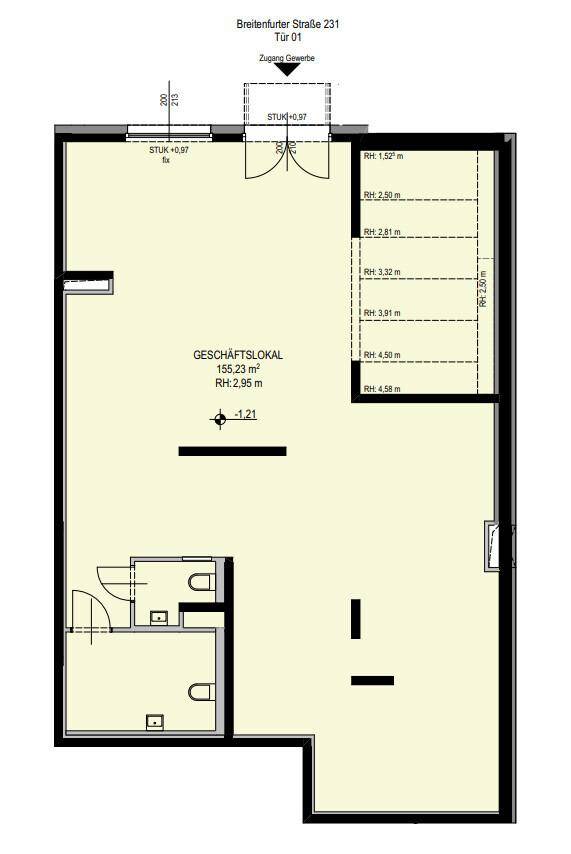 Grundriss eines Geschäftslokals mit einer Fläche von 155,23 m² und separaten Toiletten.