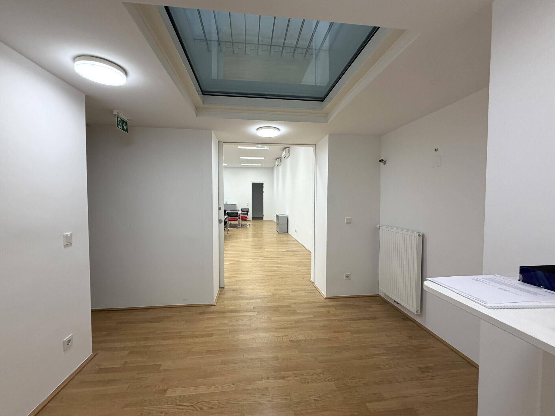 Heller Flur mit Holzfußboden, Oberlicht und Zugang zu weiteren Räumen.