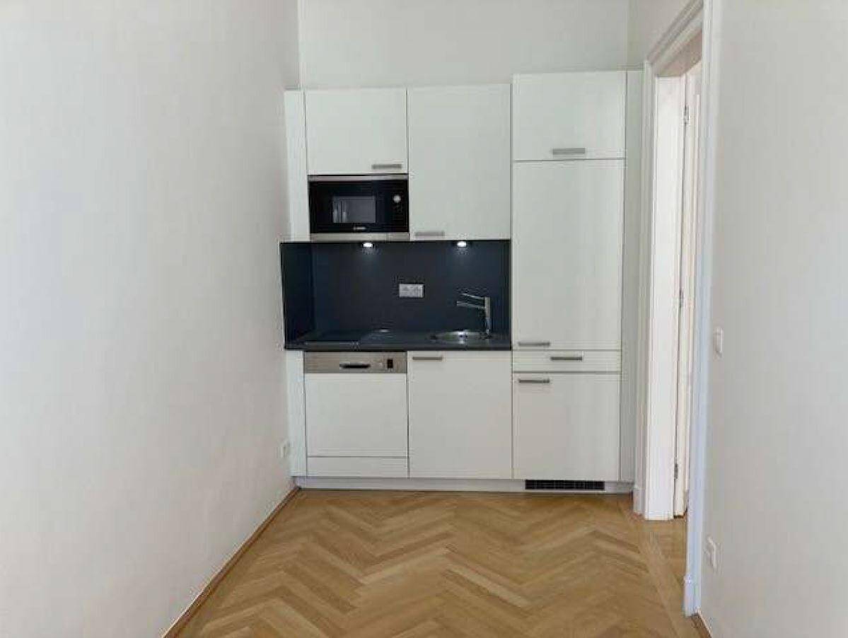 Moderne, kompakte Küchenzeile mit weißen Schränken, Mikrowelle und integriertem Geschirrspüler.