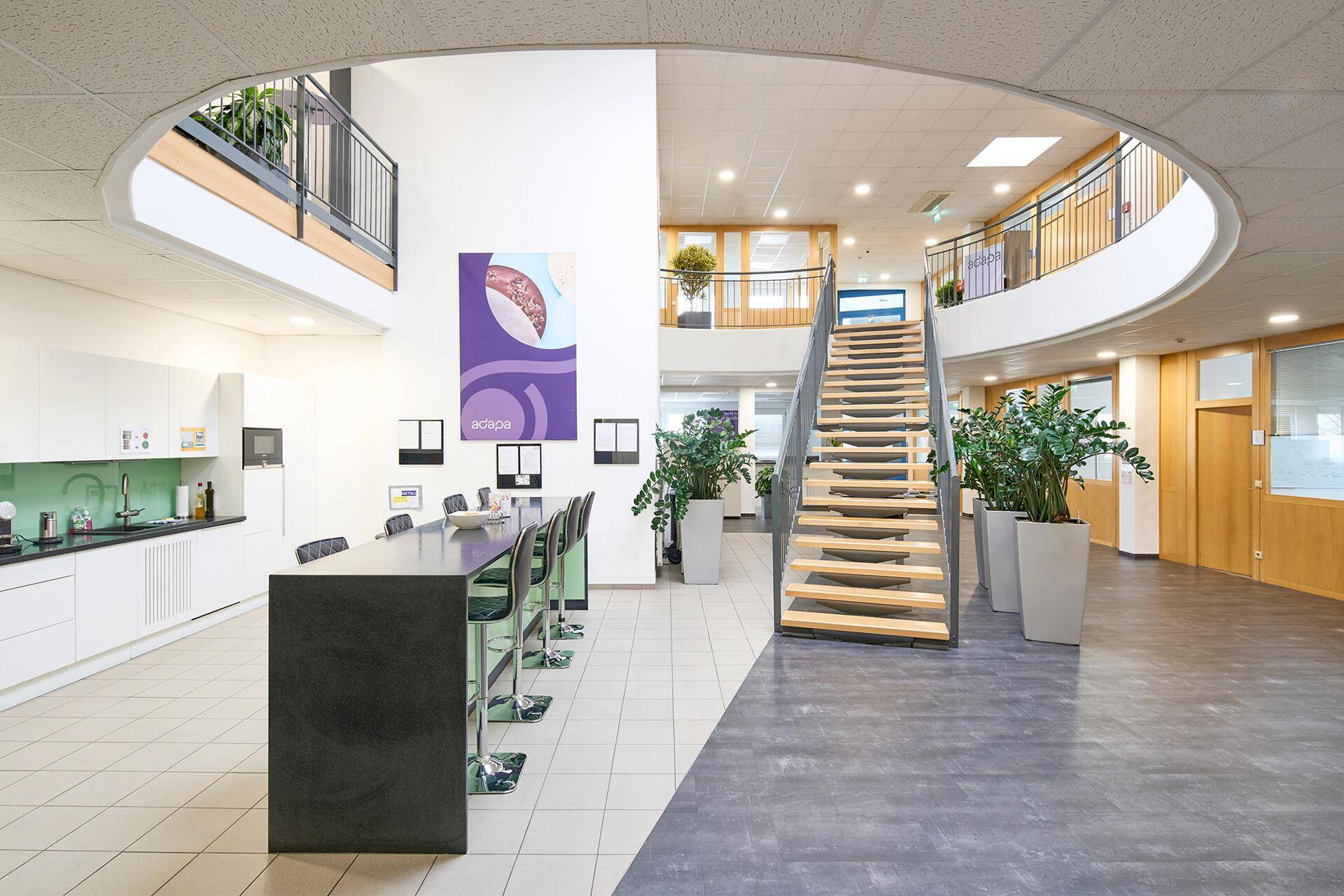Moderner Empfangsbereich mit offener Treppe, einer Küchenzeile und Sitzgelegenheiten auf mehreren Ebenen.
