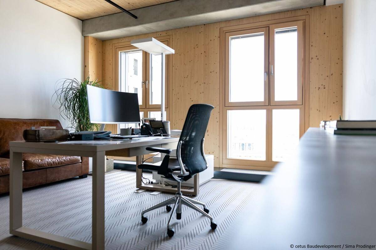 Modernes Büro mit Schreibtisch, Bürostuhl und Sofa, umgeben von Holzwänden und -decke, mit viel Licht.