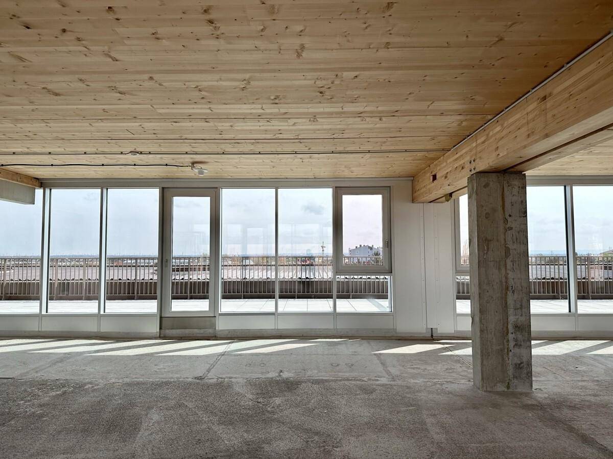 Heller Büroraum im Rohbau mit Holzbalkendecke, Betonboden und bodentiefen Fenstern, die viel Licht hereinlassen.